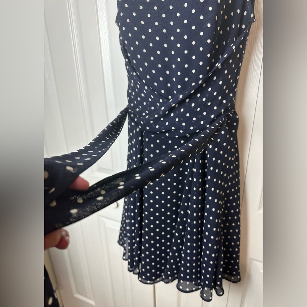 JOSEPH RIBKOFF Polka Dot Dress Navy Blue White Fit & Flare Wrap Tie Bow Waist - Picture 6 of 11